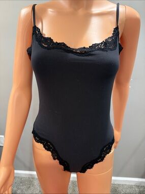 SKIMS Black Lace-Trim Camisole Bodysuit